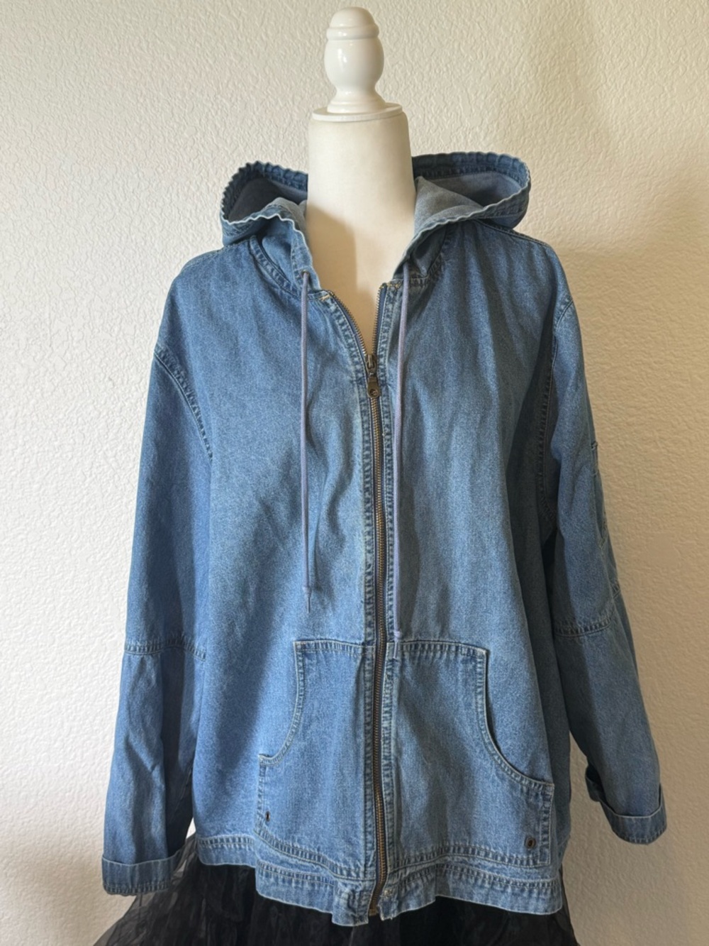 Oversized Denim Jacket Hoodie XL Relaxed Fit Zip Front Blue Streetwear